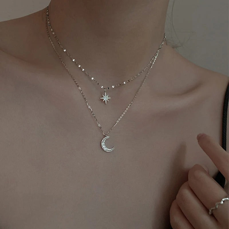 Women’s Moon and Star Pendant Necklace - Layered Celestial Chain