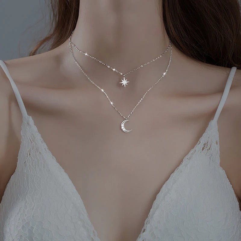 Women’s Moon and Star Pendant Necklace - Layered Celestial Chain