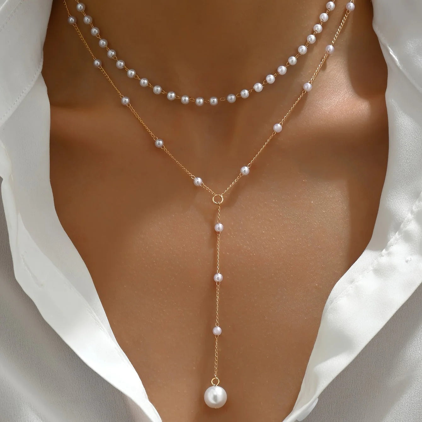 Women’s Layered Pearl Pendant Necklace - Elegant Y-Shaped Chain