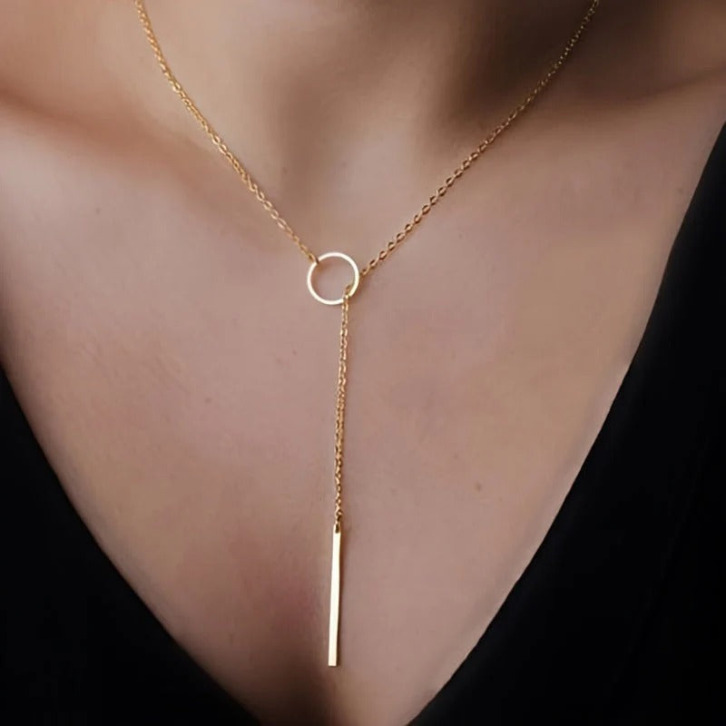 Women’s Circle Pendant Necklace - Minimalist Y-Shaped Drop Chain