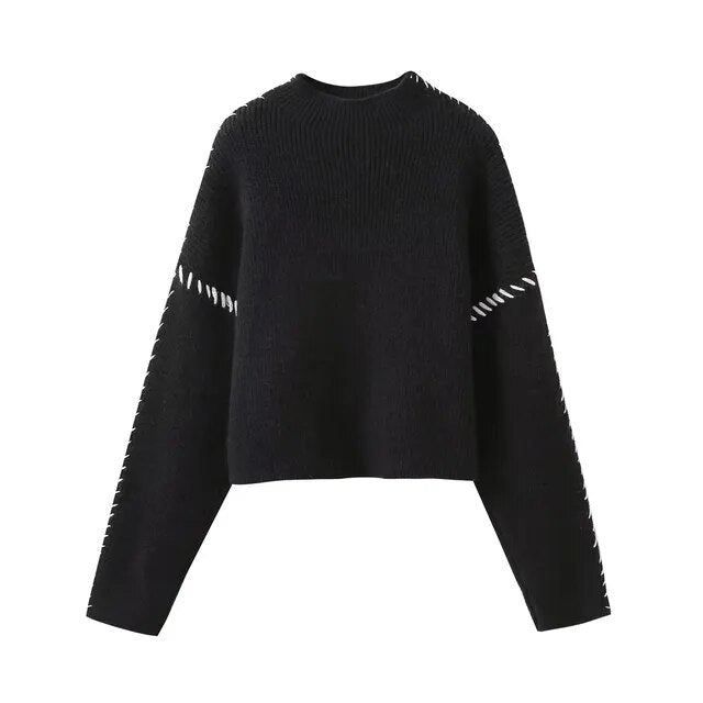 Women’s Whipstitch Knit Sweater – Contrast Stitch Oversized Pullover