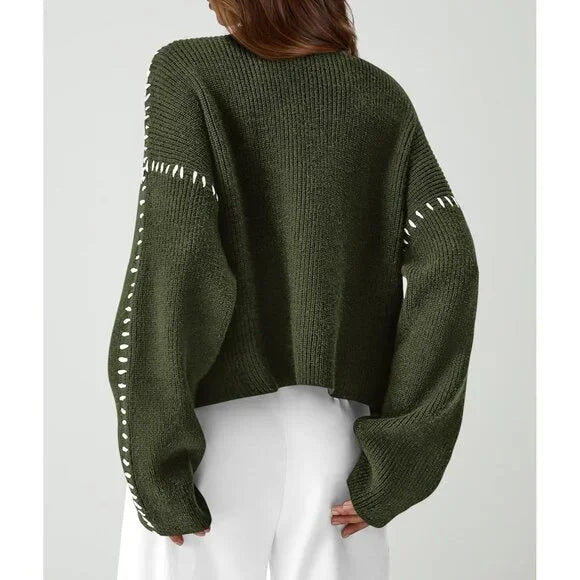 Women’s Whipstitch Knit Sweater – Contrast Stitch Oversized Pullover