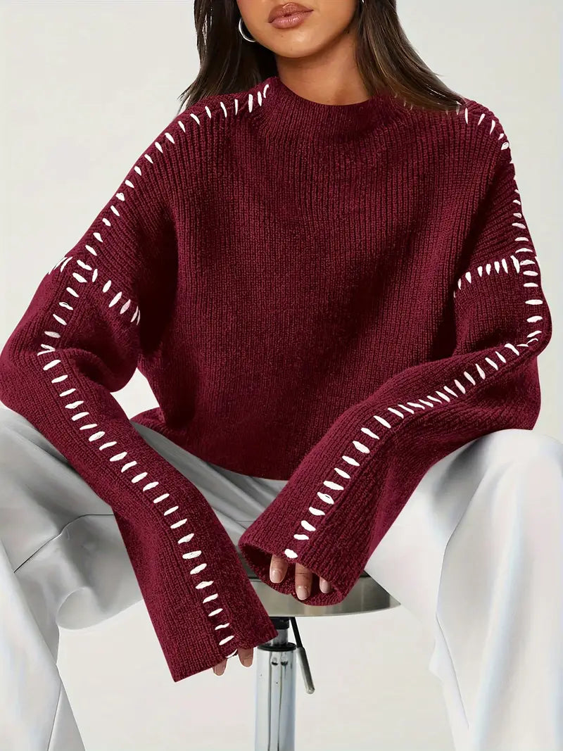 Women’s Whipstitch Knit Sweater – Contrast Stitch Oversized Pullover