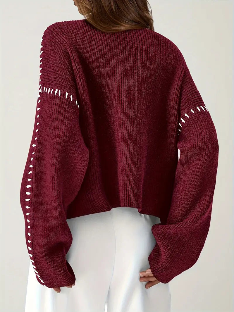 Women’s Whipstitch Knit Sweater – Contrast Stitch Oversized Pullover