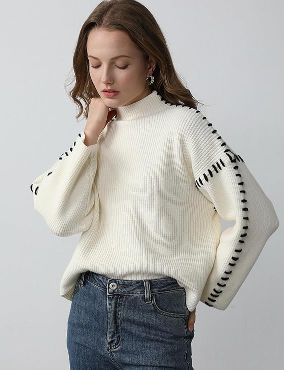 Women’s Whipstitch Knit Sweater – Contrast Stitch Oversized Pullover