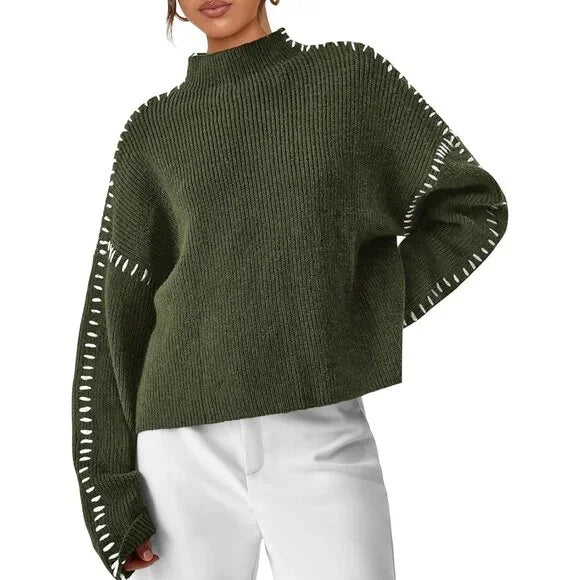 Women’s Whipstitch Knit Sweater – Contrast Stitch Oversized Pullover