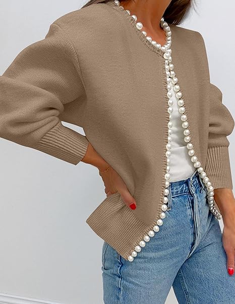 Women's Knit Cardigan - Long Sleeve Pearl Trim Open Front