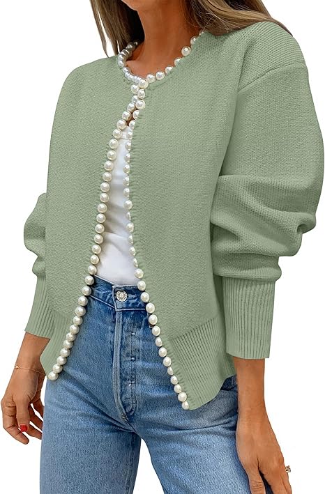 Women's Knit Cardigan - Long Sleeve Pearl Trim Open Front