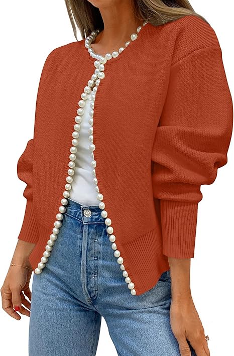 Women's Knit Cardigan - Long Sleeve Pearl Trim Open Front