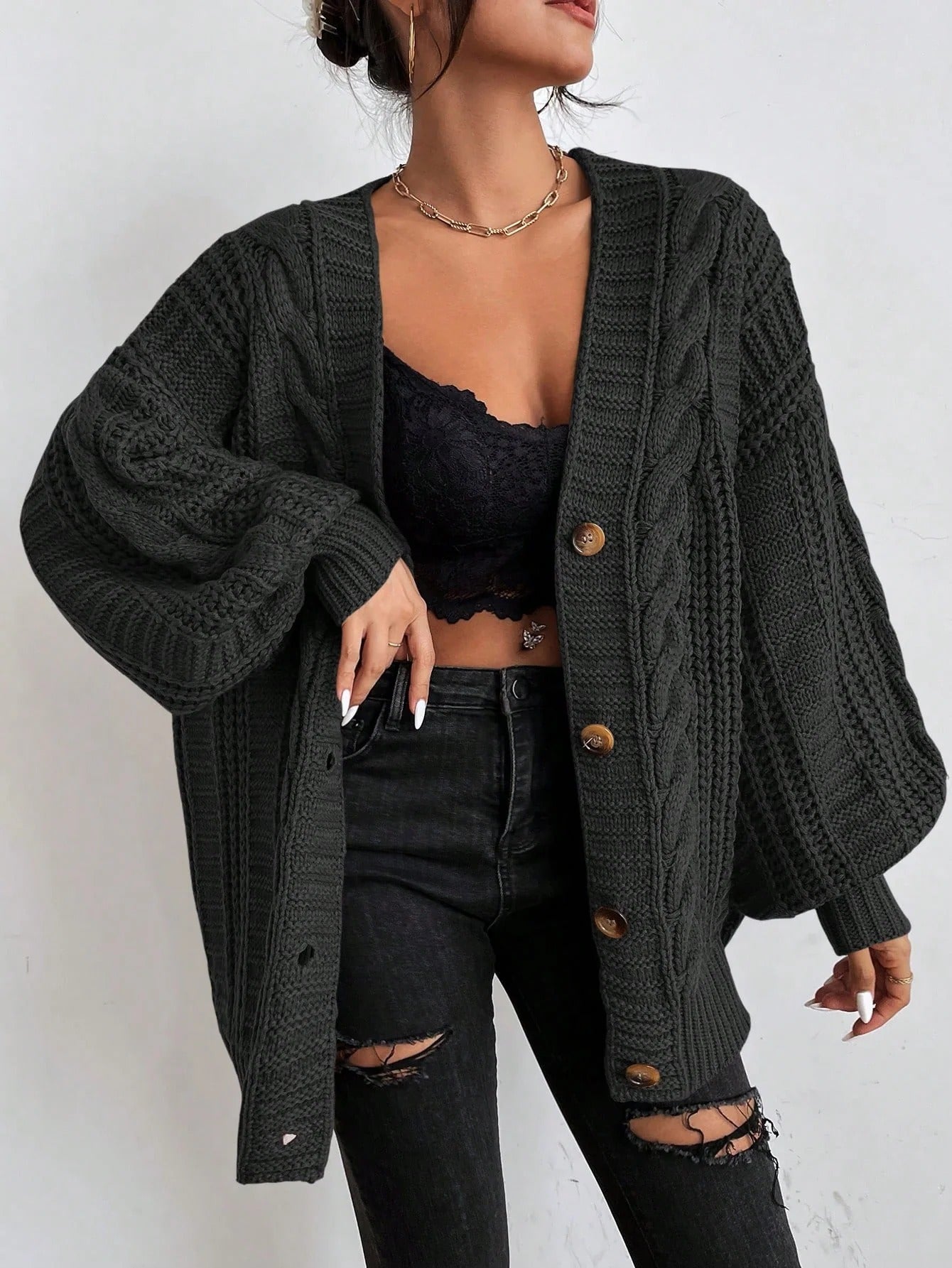 Women’s Oversized Cable Knit Cardigan - Button Front Sweater