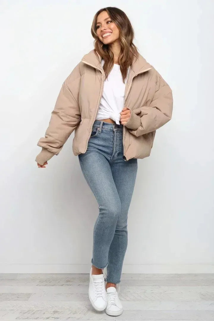 Women’s Short Puffer Jacket - Oversized Zip-Up Jacket