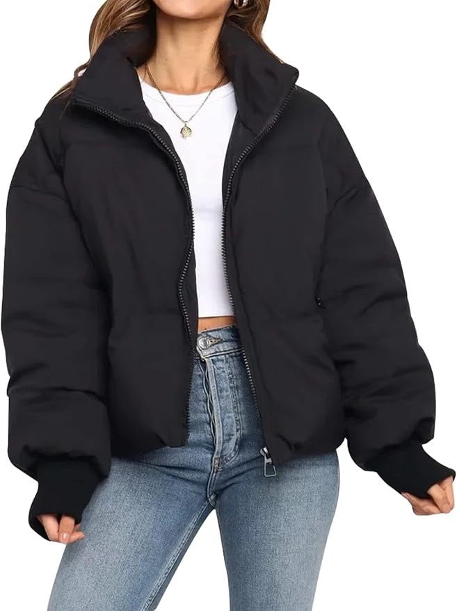 Women’s Short Puffer Jacket - Oversized Zip-Up Jacket
