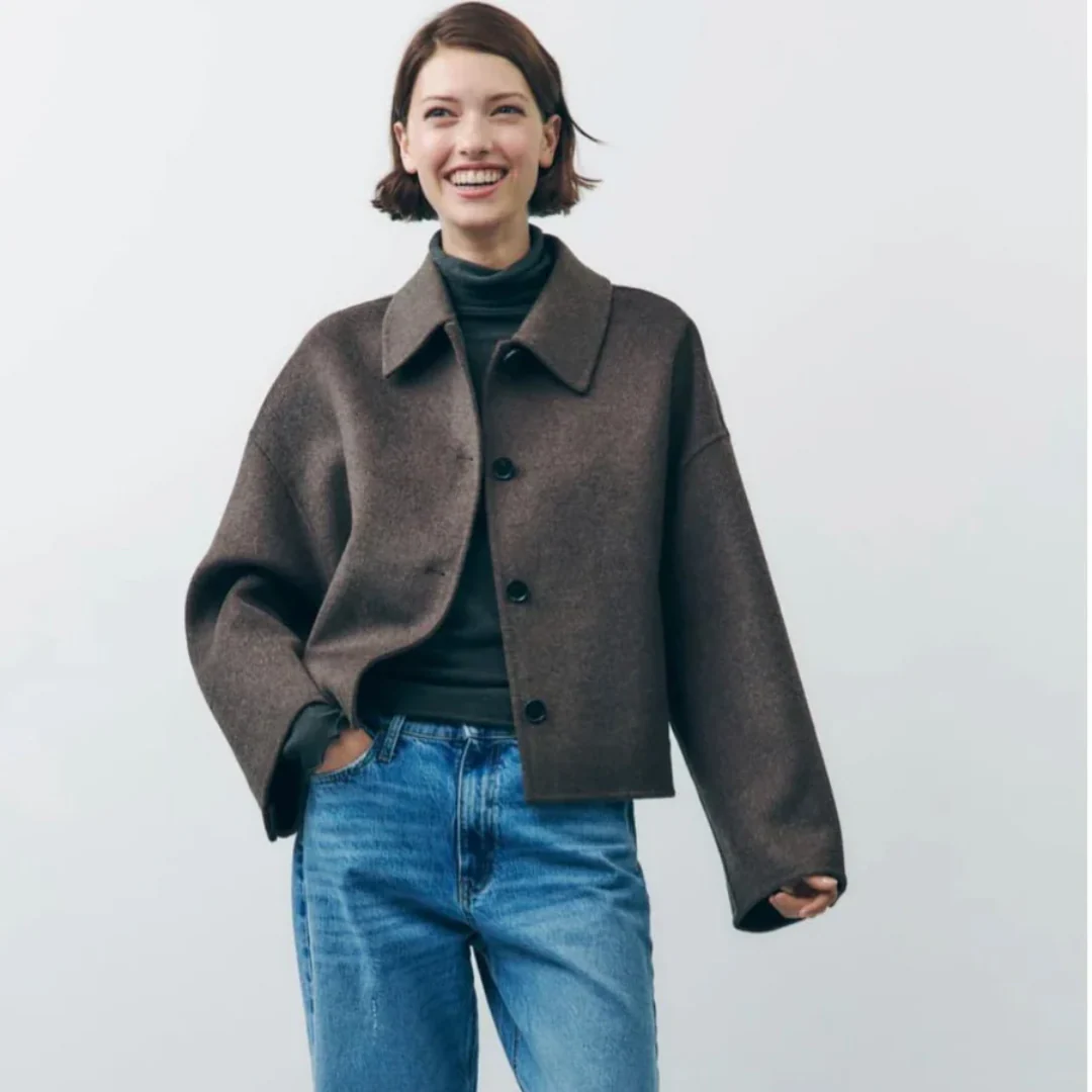 Women’s Cropped Wool Blend Jacket - Minimalist Button-Down Outerwear