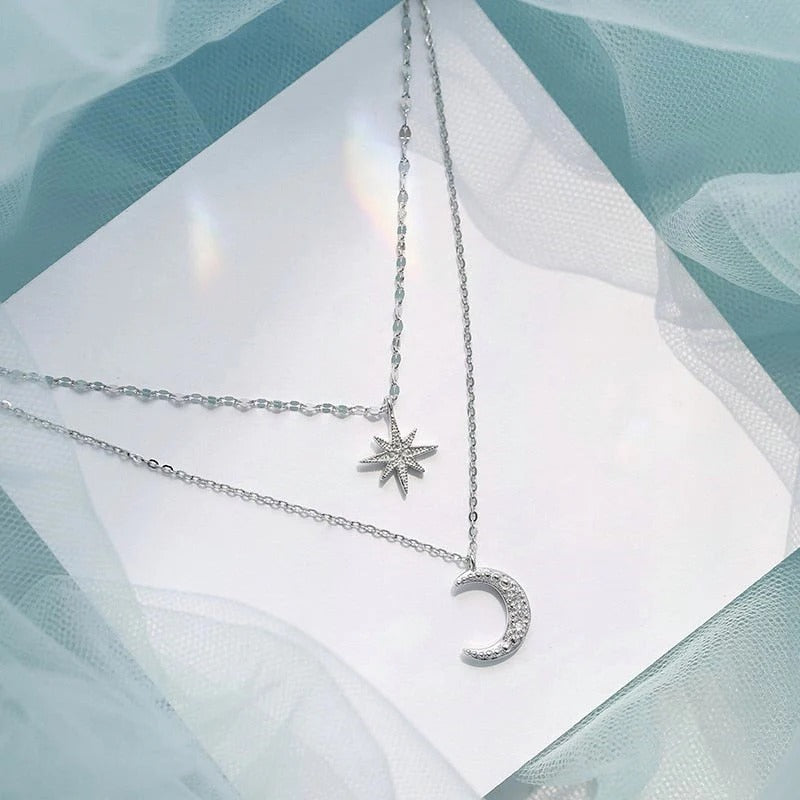 Women’s Moon and Star Pendant Necklace - Layered Celestial Chain