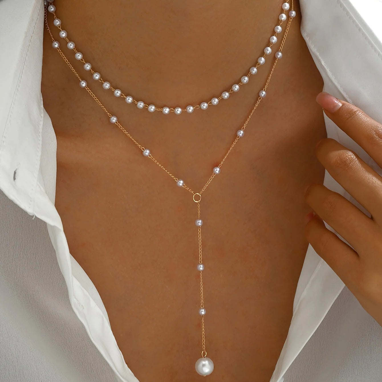 Women’s Layered Pearl Pendant Necklace - Elegant Y-Shaped Chain