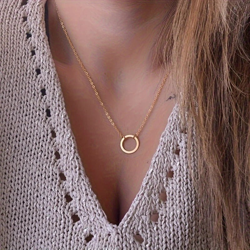 Women’s Circle Pendant Necklace - Minimalist Y-Shaped Drop Chain