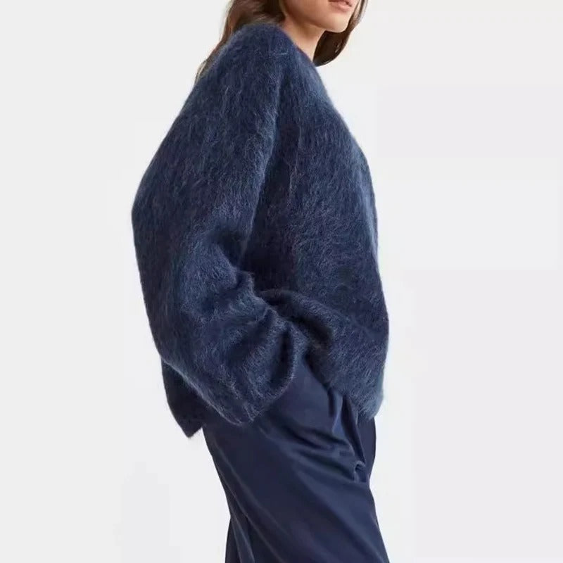 Women’s Fuzzy Knit Sweater - Cozy Long Sleeve Pullover